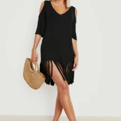 Robe De Plage Découpée à épaules Dénudées Et Pompons