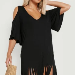 Robe De Plage Découpée à épaules Dénudées Et Pompons -Pas Cher Vêtue Diva Magasin gzz15453 black xl 3