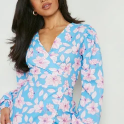 Petite - Robe Croisée à Manches Volumineuses Et Imprimé Fleuri -Pas Cher Vêtue Diva Magasin gzz16010 pale20blue xl 3