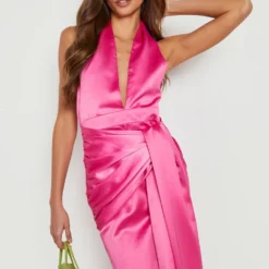 Robe Drapée Satinée à Décolleté Plongeant 8 Robe Drapée Satinée à Décolleté Plongeant -Pas Cher Vêtue Diva Magasin gzz16259 pink xl 2