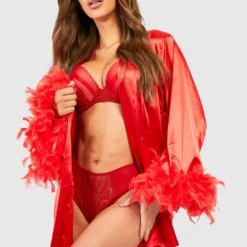 Robe De Chambre Satinée à Plumes En Tissu Premium -Pas Cher Vêtue Diva Magasin gzz17056 red xl 2