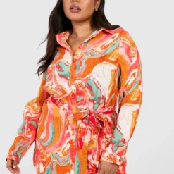Grande Taille - Robe Chemise à Imprimé Marbre