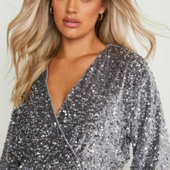 Grande Taille - Robe Mi Longue Cache-coeur à Paillettes 9 Grande Taille - Robe Mi Longue Cache-coeur à Paillettes -Pas Cher Vêtue Diva Magasin gzz17491 silver xl 3