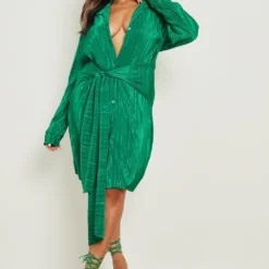 Grande Taille - Robe Chemise Plissée Croisée -Pas Cher Vêtue Diva Magasin gzz17684 green xl 2