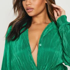 Grande Taille - Robe Chemise Plissée Croisée -Pas Cher Vêtue Diva Magasin gzz17684 green xl 3