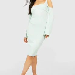 Ensemble Côtelé En Tissu Premium Avec Robe à épaules Dénudées Et Bralette -Pas Cher Vêtue Diva Magasin gzz17782 sage20silver xl 2