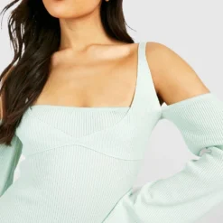 Ensemble Côtelé En Tissu Premium Avec Robe à épaules Dénudées Et Bralette -Pas Cher Vêtue Diva Magasin gzz17782 sage20silver xl 3