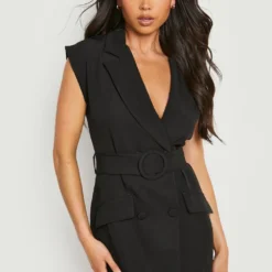 Petite - Robe Blazer Sans Manches à Ceinture -Pas Cher Vêtue Diva Magasin gzz18336 black xl 2