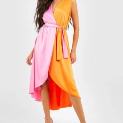 Robe Mi-longue Color Block à Ceinture -Pas Cher Vêtue Diva Magasin gzz18748 orange xl 2