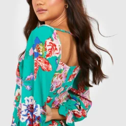 Robe Courte Satinée à Imprimé Floral -Pas Cher Vêtue Diva Magasin gzz18945 green xl 3 scaled