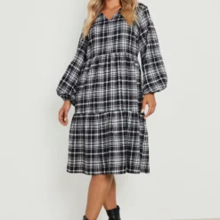 Grande Taille - Robe Mi-longue Froncée à Carreaux