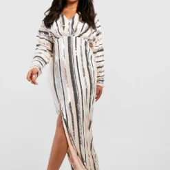 Grande Taille - Robe Longue Fendue Pailletée à Rayures -Pas Cher Vêtue Diva Magasin gzz19797 nude xl 2