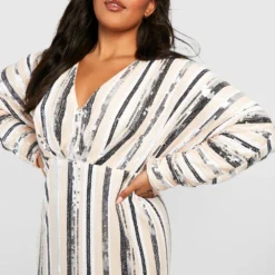 Grande Taille - Robe Longue Fendue Pailletée à Rayures -Pas Cher Vêtue Diva Magasin gzz19797 nude xl 3