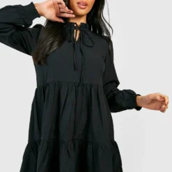 Petite - Robe Babydoll Froncée à Manches Larges -Pas Cher Vêtue Diva Magasin gzz20067 black xl 2