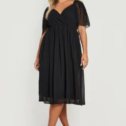 Grande Taille - Robe Portefeuille Plumetis à Manches Larges -Pas Cher Vêtue Diva Magasin gzz20324 black xl 2