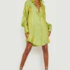 Robe Chemise Oversize Effet Brillant à Manches Volumineuses -Pas Cher Vêtue Diva Magasin gzz20491 green xl