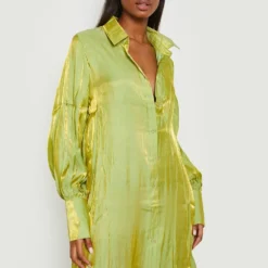 Robe Chemise Oversize Effet Brillant à Manches Volumineuses -Pas Cher Vêtue Diva Magasin gzz20491 green xl 2