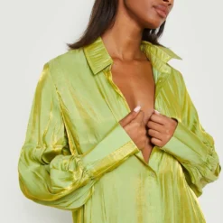 Robe Chemise Oversize Effet Brillant à Manches Volumineuses -Pas Cher Vêtue Diva Magasin gzz20491 green xl 3