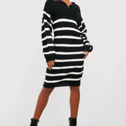 Tall - Robe Pull Zippée Rayée -Pas Cher Vêtue Diva Magasin gzz20508 black xl 2