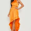 Petite - Robe Longue Satinée Froncée à Volants -Pas Cher Vêtue Diva Magasin gzz20511 orange xl