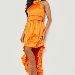 Petite - Robe Longue Satinée Froncée à Volants -Pas Cher Vêtue Diva Magasin gzz20511 orange xl 2