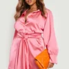Grande Taille - Robe Chemise Satinée à Ceinture -Pas Cher Vêtue Diva Magasin gzz20722 pink xl