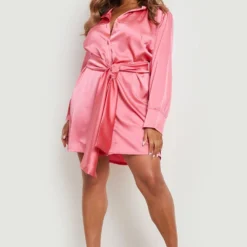 Grande Taille - Robe Chemise Satinée à Ceinture -Pas Cher Vêtue Diva Magasin gzz20722 pink xl 2