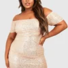 Grande Taille - Robe Froncée Pailletée à épaules Dénudées -Pas Cher Vêtue Diva Magasin gzz20768 champagne xl scaled