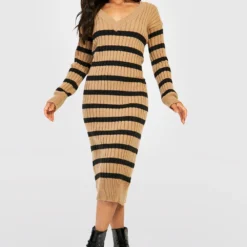 Petite - Robe Pull Rayée à Col V -Pas Cher Vêtue Diva Magasin gzz20843 beige xl 2