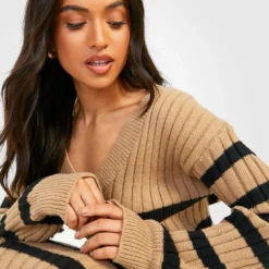 Petite - Robe Pull Rayée à Col V -Pas Cher Vêtue Diva Magasin gzz20843 beige xl 3