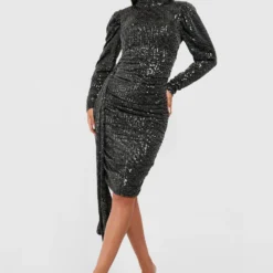 Robe Drapée Pailletée à Manches Bouffantes -Pas Cher Vêtue Diva Magasin gzz21681 black xl 2 scaled