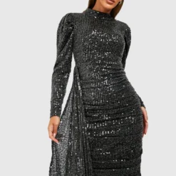 Robe Drapée Pailletée à Manches Bouffantes -Pas Cher Vêtue Diva Magasin gzz21681 black xl 3 scaled