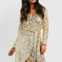 Petite - Robe Mi-longue Pailletée à Manches Bouffantes -Pas Cher Vêtue Diva Magasin gzz21890 gold xl 2