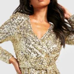 Petite - Robe Mi-longue Pailletée à Manches Bouffantes -Pas Cher Vêtue Diva Magasin gzz21890 gold xl 3