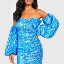 Petite - Robe Courte Pailletée à Manches Bouffantes