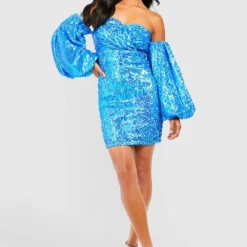 Petite - Robe Courte Pailletée à Manches Bouffantes -Pas Cher Vêtue Diva Magasin gzz21893 blue xl 2