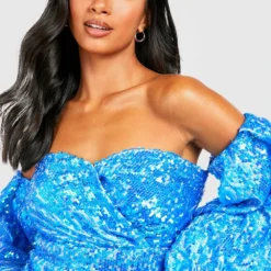 Petite - Robe Courte Pailletée à Manches Bouffantes -Pas Cher Vêtue Diva Magasin gzz21893 blue xl 3