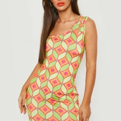 Robe Asymétrique Soyeuse à Imprimé Géométrique -Pas Cher Vêtue Diva Magasin gzz22276 multi xl 2