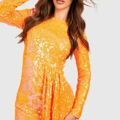 Robe Pailletée Drapée à Manches Longues 9 Robe Pailletée Drapée à Manches Longues -Pas Cher Vêtue Diva Magasin gzz22605 orange xl 3