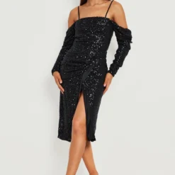Robe Portefeuille Pailletée à épaules Ajourées -Pas Cher Vêtue Diva Magasin gzz22655 black xl 2