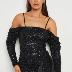 Robe Portefeuille Pailletée à épaules Ajourées -Pas Cher Vêtue Diva Magasin gzz22655 black xl 3