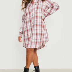 Grande Taille - Robe Chemise à Carreaux En Maille Brossée -Pas Cher Vêtue Diva Magasin gzz22708 red xl 2