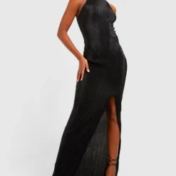 Tall - Robe Longue Fendue Plissée -Pas Cher Vêtue Diva Magasin gzz23430 black xl 2 scaled