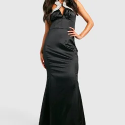 Petite - Robe Longue Satinée à Bordures Strassées -Pas Cher Vêtue Diva Magasin gzz23439 black xl 2