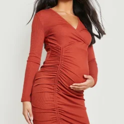 Maternité - Robe De Grossesse Nouée Côtelée Froncée 9 Maternité - Robe De Grossesse Nouée Côtelée Froncée -Pas Cher Vêtue Diva Magasin gzz23455 rust xl 3
