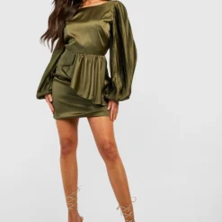 Robe Courte Satinée à Manches Bouffantes -Pas Cher Vêtue Diva Magasin gzz23621 olive xl 2