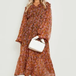 Grande Taille - Robe Mi-longue à Imprimé Fleuri -Pas Cher Vêtue Diva Magasin gzz23726 brown xl 2