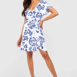 Robe Portefeuille à Volants Et Imprimé Porcelaine -Pas Cher Vêtue Diva Magasin gzz23876 blue xl 2