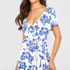 Robe Portefeuille à Volants Et Imprimé Porcelaine -Pas Cher Vêtue Diva Magasin gzz23876 blue xl 3