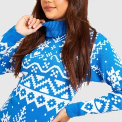 Petite - Robe Pull De Noël Imprimée à Col Roulé -Pas Cher Vêtue Diva Magasin gzz24051 blue xl 3 scaled